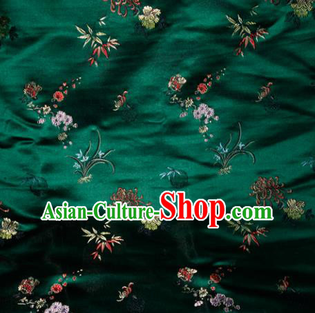 Chinese Traditional Silk Fabric Tang Suit Green Brocade Cheongsam Plum Blossom Orchid Bamboo and Chrysanthemum Pattern Cloth Material Drapery