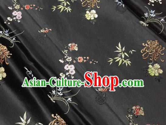 Chinese Traditional Silk Fabric Tang Suit Black Brocade Cheongsam Plum Blossom Orchid Bamboo and Chrysanthemum Pattern Cloth Material Drapery
