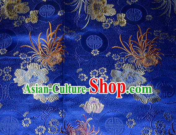 Chinese Traditional Silk Fabric Classical Chrysanthemum Pattern Tang Suit Royalblue Brocade Cloth Cheongsam Material Drapery