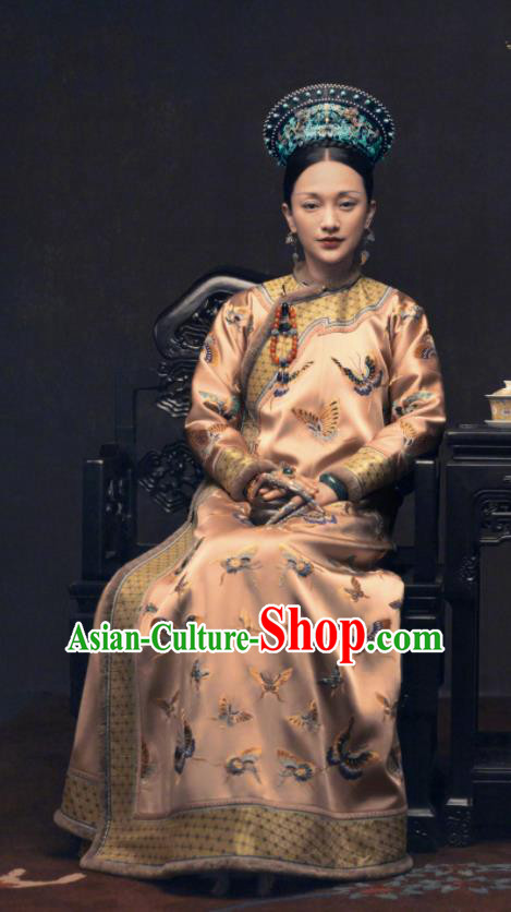 Ancient Ruyi Royal Love in the Palace Chinese Qing Dynasty Manchu Empress Embroidered Costumes and Headpiece Complete Set