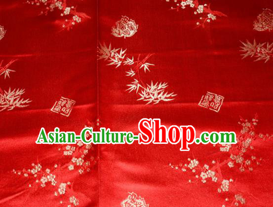 Chinese Traditional Silk Fabric Plum Blossom Bamboo Pattern Tang Suit Red Brocade Cloth Cheongsam Material Drapery