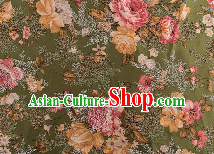 Chinese Traditional Peony Flowers Pattern Tang Suit Olive Green Brocade Fabric Silk Cloth Cheongsam Material Drapery