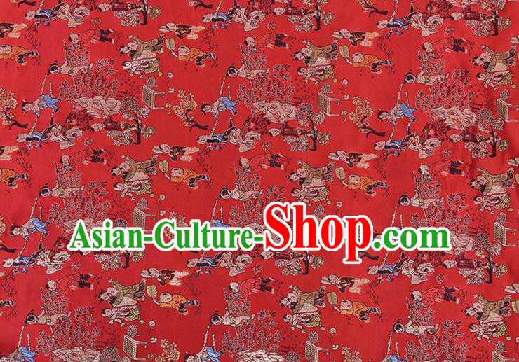 Chinese Traditional Hundred Children Pattern Tang Suit Red Brocade Fabric Silk Cloth Cheongsam Material Drapery
