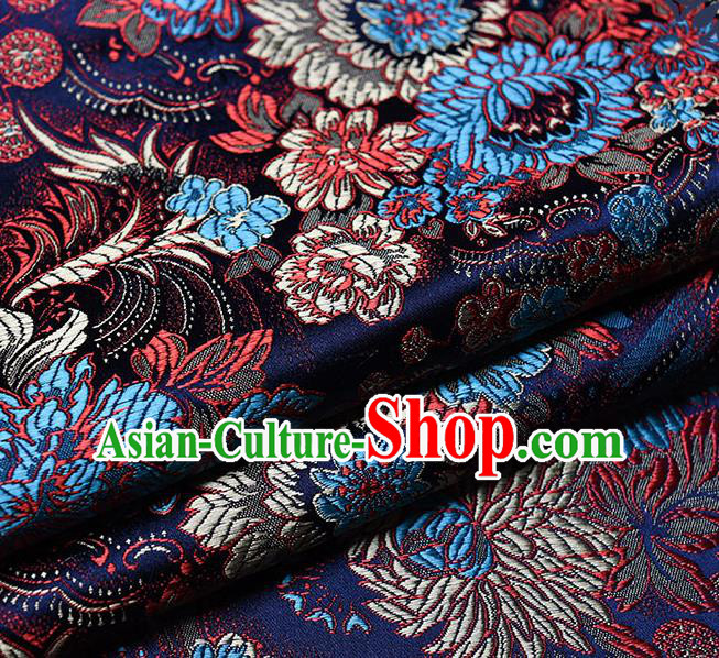 Chinese Traditional Tang Suit Navy Brocade Fabric Peony Pattern Silk Cloth Cheongsam Material Drapery