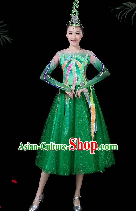 Professional Modern Dance Costume Chorus Folk Dance Green Veil Dress for Women