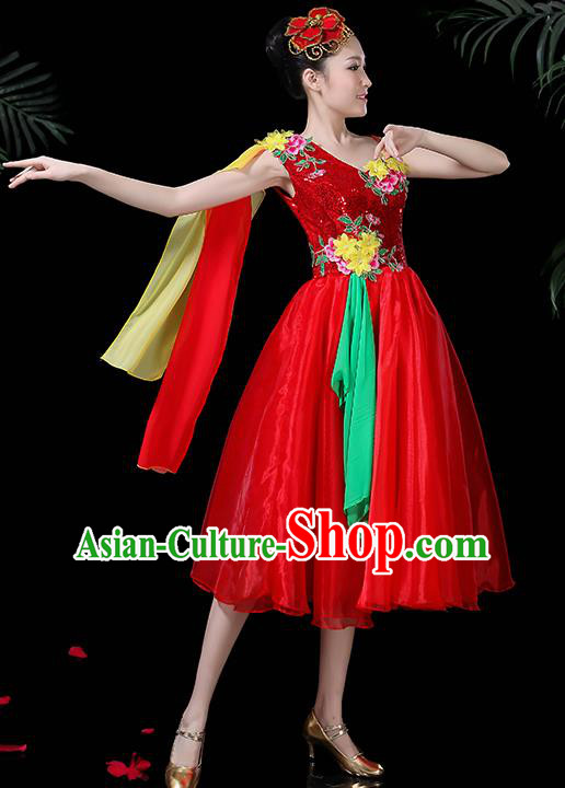 Professional Opening Modern Dance Costume Stage Performance Chorus Red Dress for Women