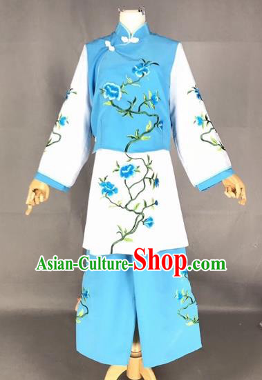 Chinese Traditional Beijing Opera Maidservants Embroidered Blue Clothing Peking Opera Diva Costumes for Adults