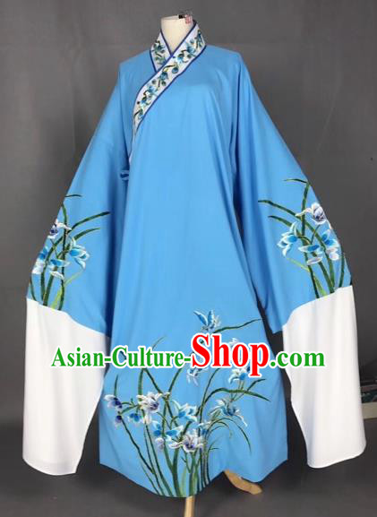 Chinese Traditional Beijing Opera Scholar Embroidered Orchid Blue Robe Peking Opera Niche Costume for Adults