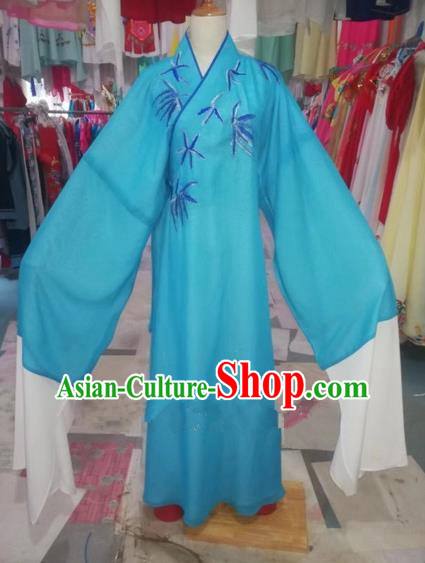 Chinese Traditional Beijing Opera Scholar Embroidered Bamboo Blue Robe Peking Opera Niche Costume for Adults