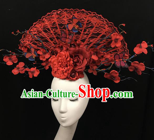 Top Halloween Red Lace Hair Accessories Stage Show Chinese Traditional Catwalks Headpiece for Women