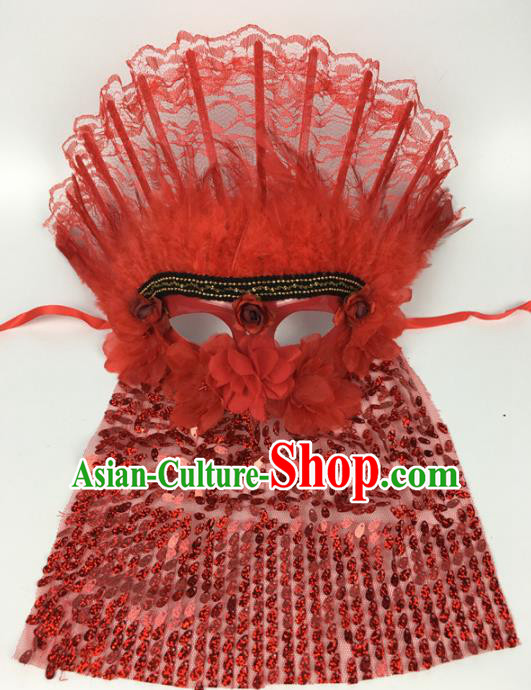 Top Halloween Accessories Brazilian Carnival Catwalks Red Lace Feather Face Masks for Women
