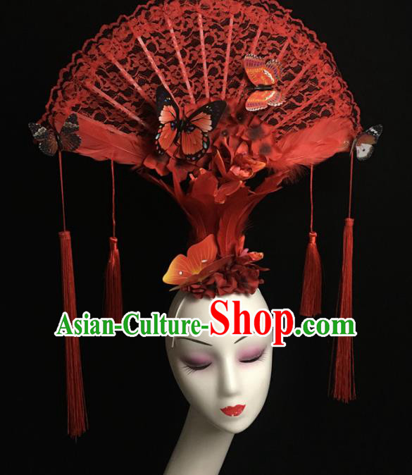 Chinese Stage Show Red Lace Hair Accessories Traditional Catwalks Palace Headdress for Women