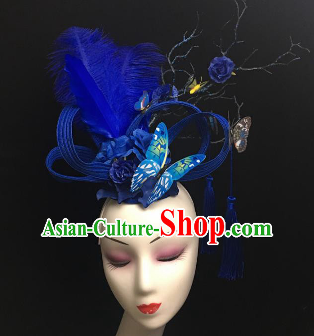 Top Brazilian Carnival Stage Show Headpiece Halloween Catwalks Blue Feather Hair Accessories for Women