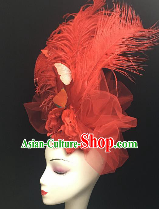 Top Brazilian Carnival Stage Show Headpiece Halloween Catwalks Red Feather Hair Accessories for Women