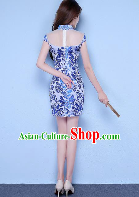 Chinese Traditional Short Qipao Dress Classical Costume Blue Cheongsam for Women
