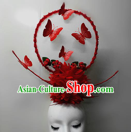 Chinese Stage Show Red Butterfly Hair Accessories Traditional Catwalks Palace Headdress for Women