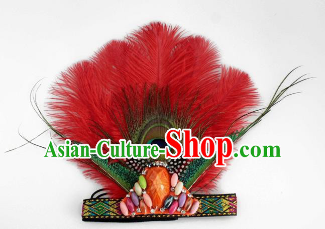 Top Halloween Stage Show Red Feather Hair Accessories Catwalks Primitive Tribe Hair Clasp for Women