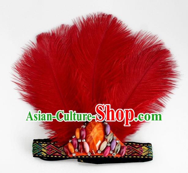 Top Halloween Donald Stage Show Red Feather Hair Accessories Catwalks Primitive Tribe Hair Clasp for Women