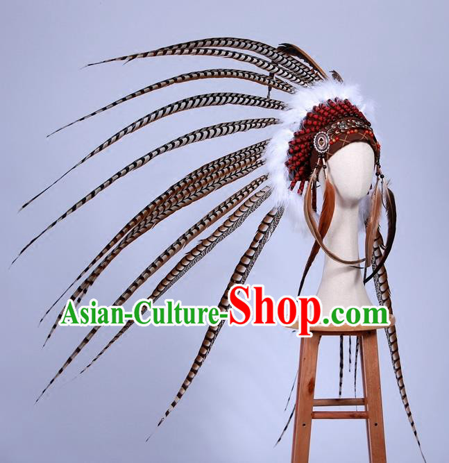 Top Halloween Apache Knight Long Feather Hat Hair Accessories Catwalks Primitive Tribe Hair Clasp for Men