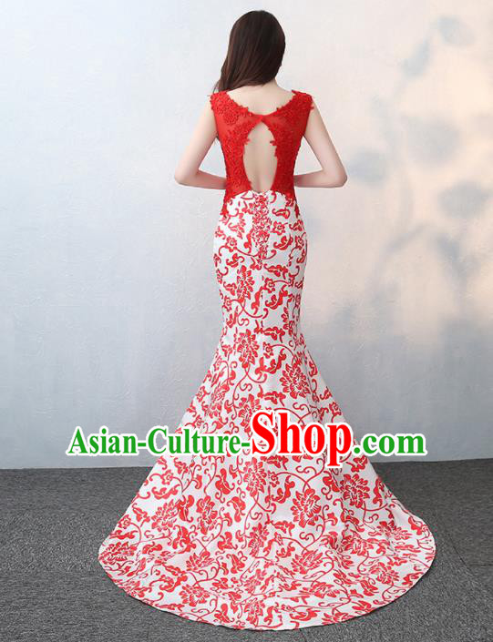 Chinese Traditional Elegant Red Lace Qipao Dress Classical Costume Mermaid Cheongsam for Women