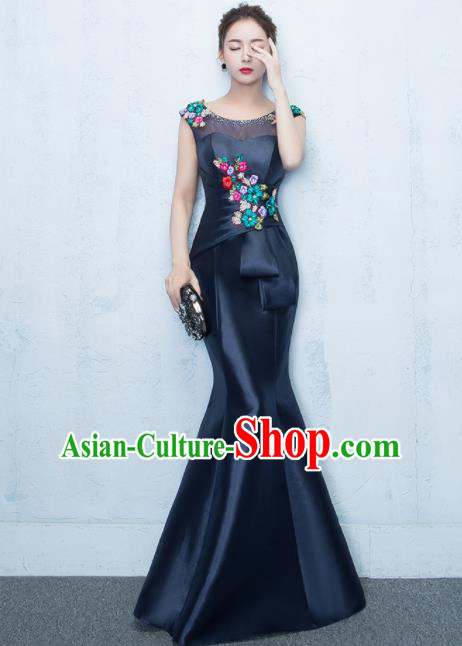 Top Stage Show Costumes Catwalks Compere Navy Satin Full Dress for Women