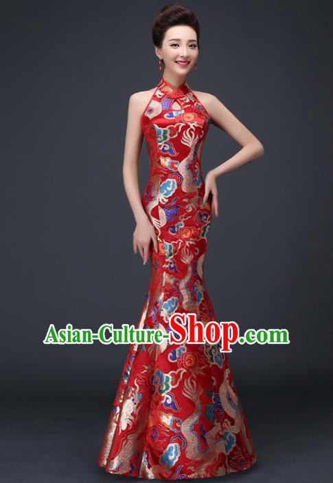 Chinese Traditional Elegant Red Qipao Dress Classical Costume Dragons Cheongsam for Women