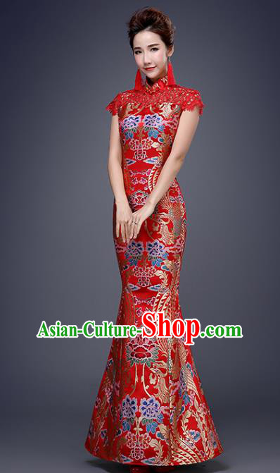 Chinese Traditional Wedding Red Qipao Dress Classical Costume Elegant Cheongsam for Women
