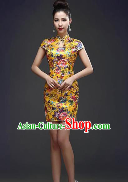 Chinese Traditional Qipao Dress Classical Costume Elegant Yellow Short Cheongsam for Women
