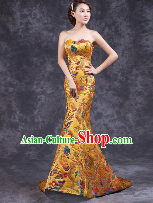 Chinese Traditional Costume Classical Qipao Dress Elegant Embroidered Dragon Golden Cheongsam for Women