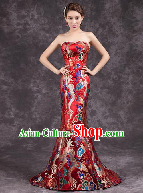 Chinese Traditional Costume Classical Qipao Dress Elegant Embroidered Dragon Red Cheongsam for Women