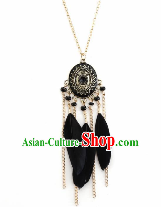 Handmade Bohemian Black Feather Necklace Stage Show Dance Necklet Accessories for Women