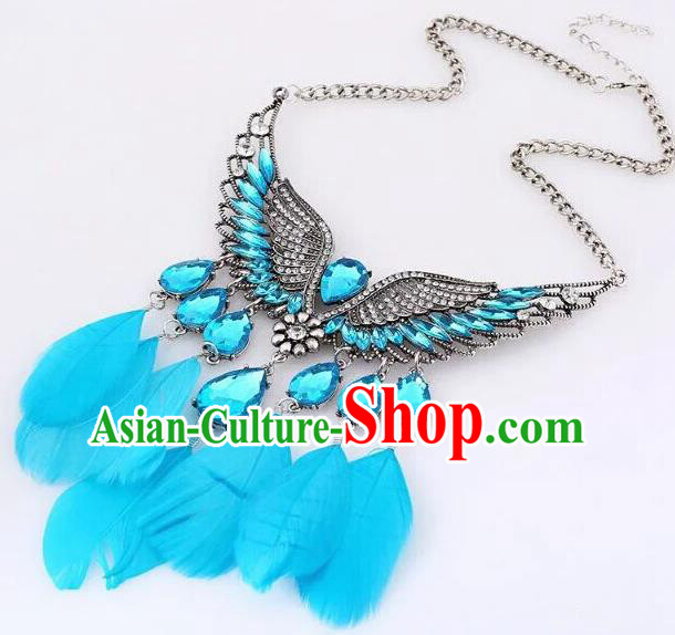 Handmade Baroque Blue Feather Necklace Stage Show Dance Necklet Accessories for Women