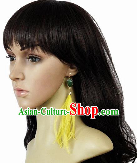 Top Halloween Yellow Feather Ear Accessories Carnival Catwalks Crystal Earrings for Women