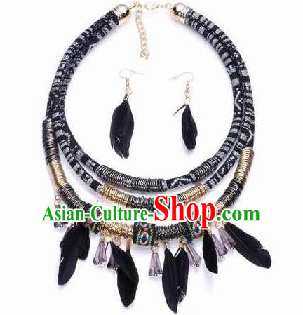 Handmade Black Feather Necklace Stage Show Necklet and Earrings Accessories for Women
