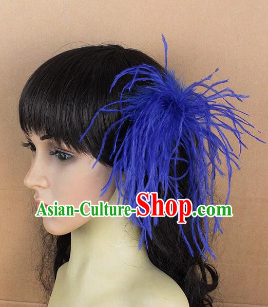 Handmade Carnival Blue Ostrich Feather Hair Claw Miami Stage Show Feather Hair Accessories for Women