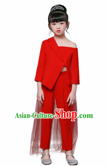 Children Modern Dance Costume Opening Dance Compere Catwalks Performance Red Suits for Girls Kids