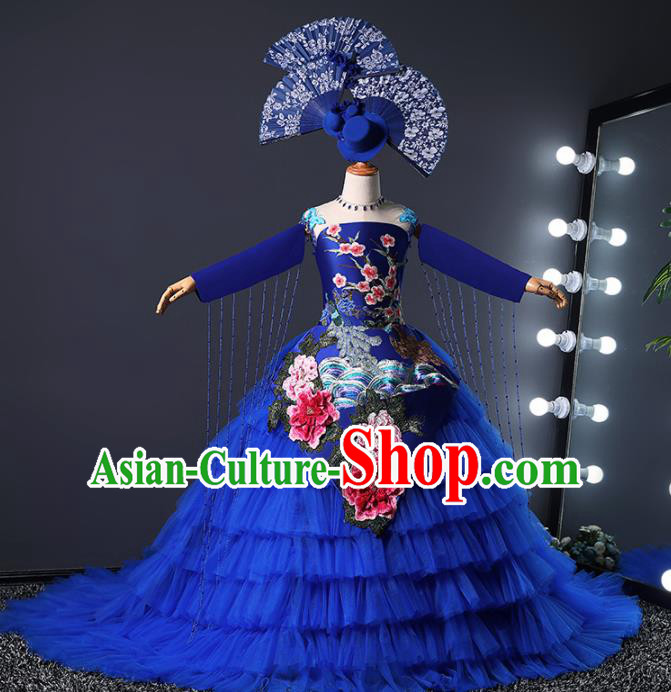 Children Modern Dance Costume Opening Dance Compere Catwalks Royalblue Veil Trailing Dress for Girls Kids