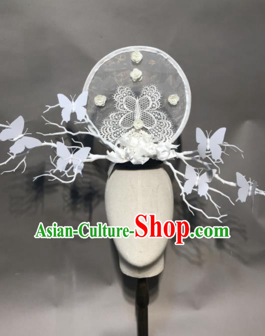 Top Chinese Stage Show White Lace Butterfly Hair Accessories Halloween Carnival Fancy Dress Ball Headdress for Women