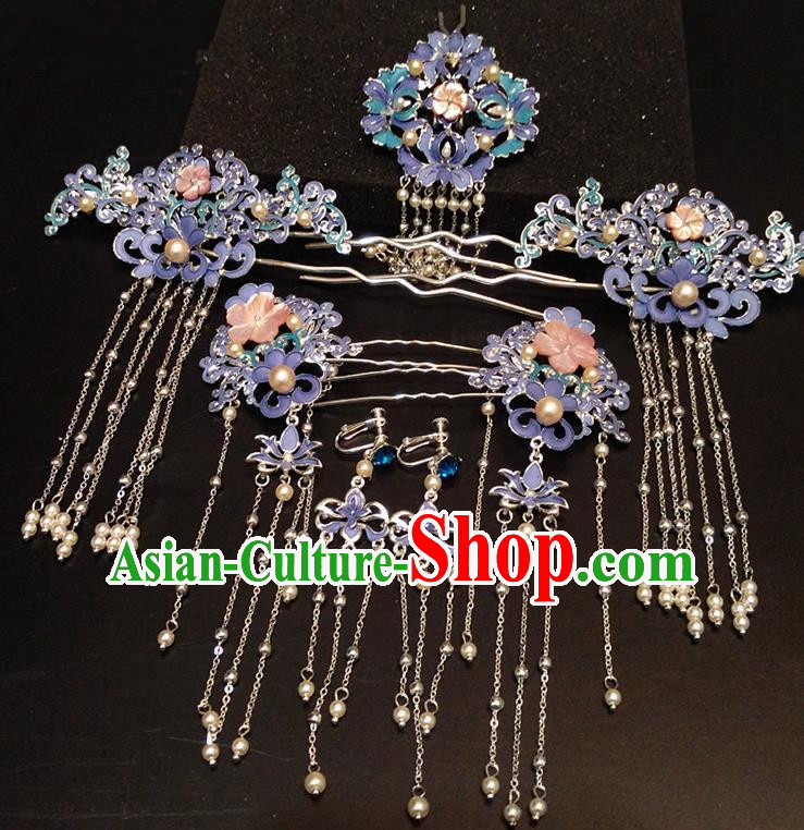 Top Chinese Traditional Hair Accessories Classical Blue Phoenix Coronet Hairpins Headdress for Women