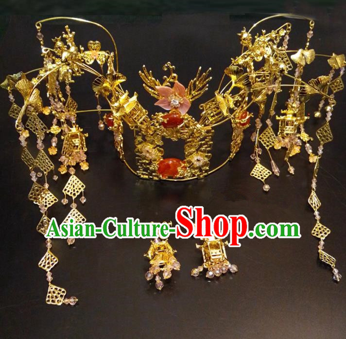 Top Chinese Traditional Agate Phoenix Coronet Wedding Hair Accessories Classical Hairpins Headdress for Women