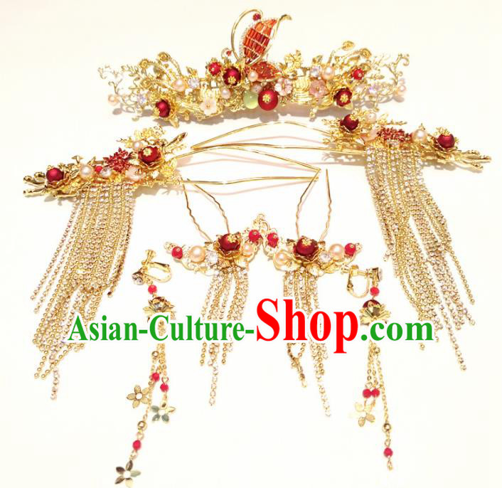 Top Chinese Traditional Wedding Red Butterfly Phoenix Coronet Classical Tassel Hairpins Headdress for Women