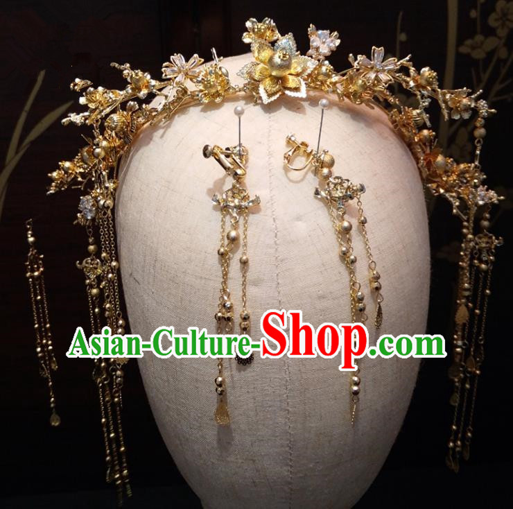 Top Chinese Traditional Wedding Golden Flowers Phoenix Coronet Classical Hairpins Headdress for Women