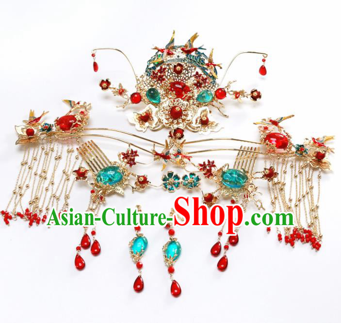 Top Chinese Traditional Wedding Hair Accessories Ancient Blueing Jewel Phoenix Coronet Hairpins Complete Set for Women