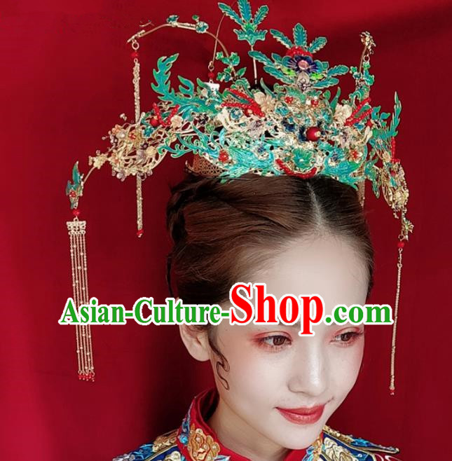 Top Chinese Traditional Hair Accessories Ancient Wedding Cloisonne Phoenix Coronet Palace Hairpins Complete Set for Women