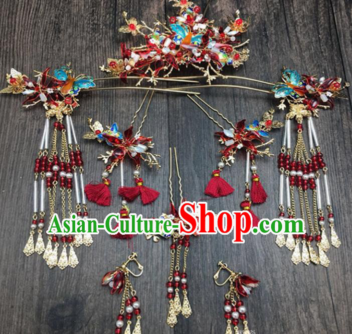 Top Chinese Ancient Traditional Wedding Hair Accessories Red Butterfly Phoenix Coronet Hairpins Complete Set for Women