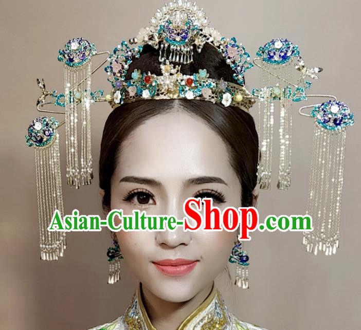 Top Chinese Ancient Traditional Wedding Hair Accessories Cloisonne Phoenix Coronet Hairpins Complete Set for Women