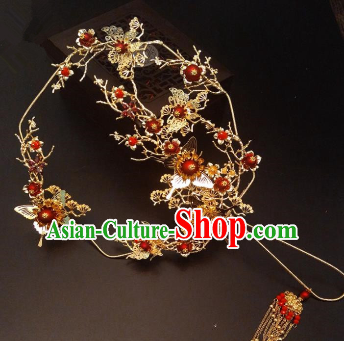 Chinese Traditional Wedding Accessories Classical Bride Golden Butterfly Palace Fan for Women