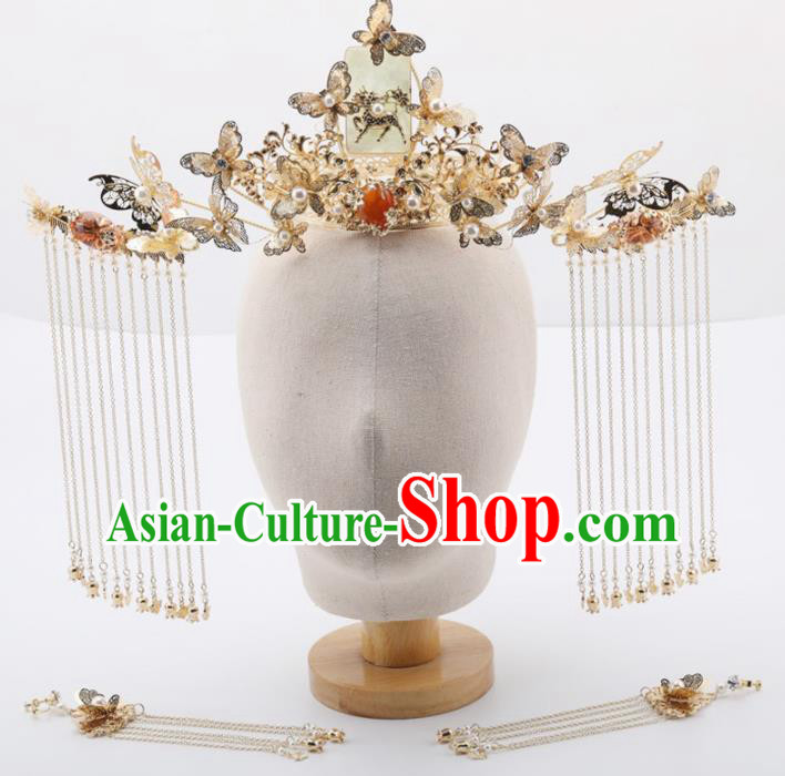Top Chinese Traditional Wedding Hair Accessories Ancient Palace Butterfly Jade Phoenix Coronet Hairpins for Women