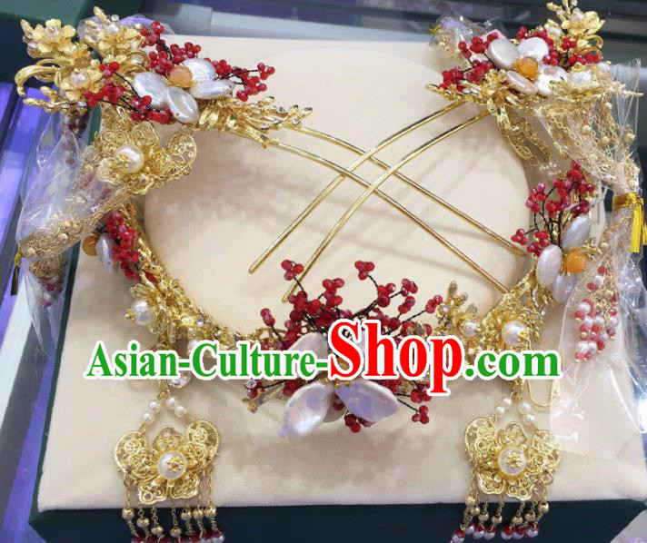 Top Chinese Traditional Wedding Hair Accessories Ancient Palace Golden Phoenix Coronet Hairpins Complete Set for Women