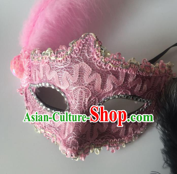 Top Grade Halloween Pink Lace Mask Fancy Ball Cosplay Feather Face Masks for Women